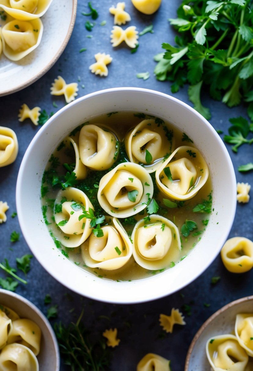 20 Pasta Recipes That Will Make Your Taste Buds Dance with Joy 55 A steaming bowl of tortellini in a clear broth surrounded by scattered pasta shapes and fresh herbs