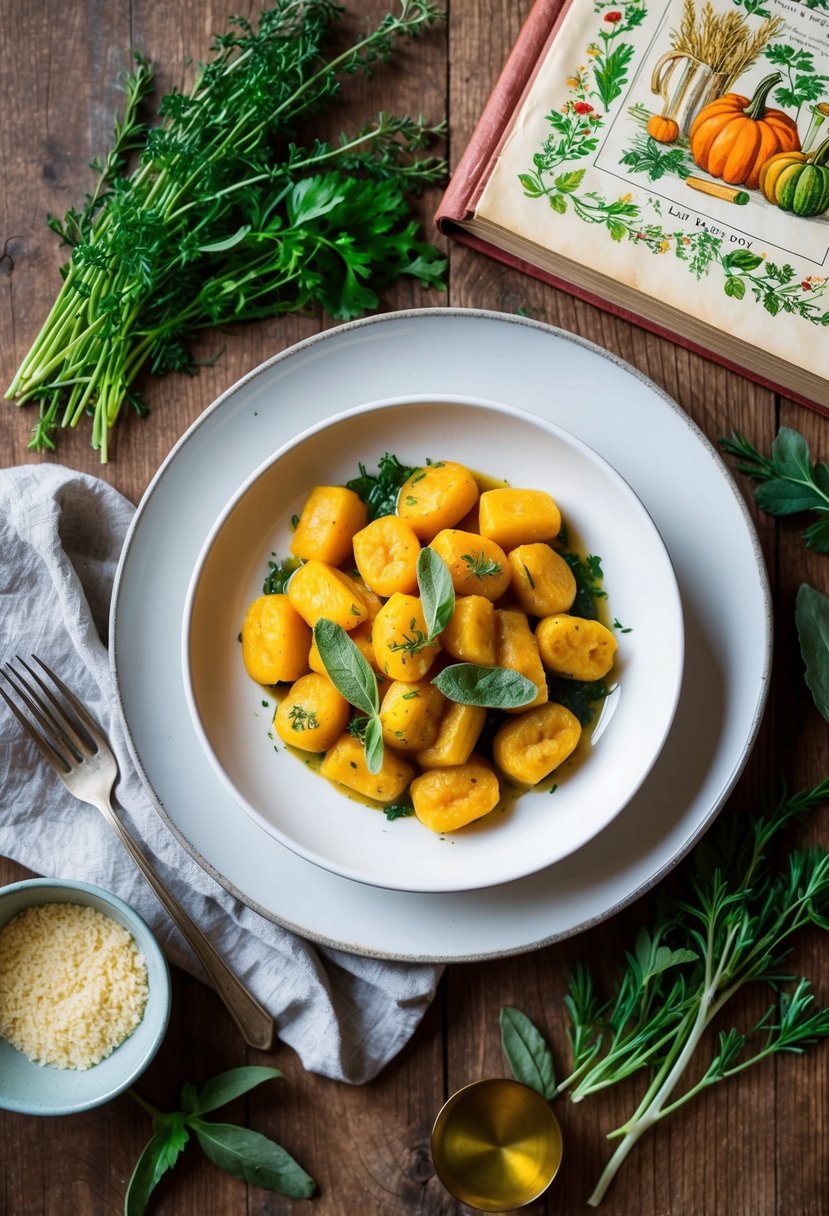 20 Pasta Recipes That Will Make Your Taste Buds Dance with Joy 56 A rustic kitchen table set with a steaming plate of pumpkin sage gnocchi, surrounded by fresh herbs and a vintage pasta recipe book