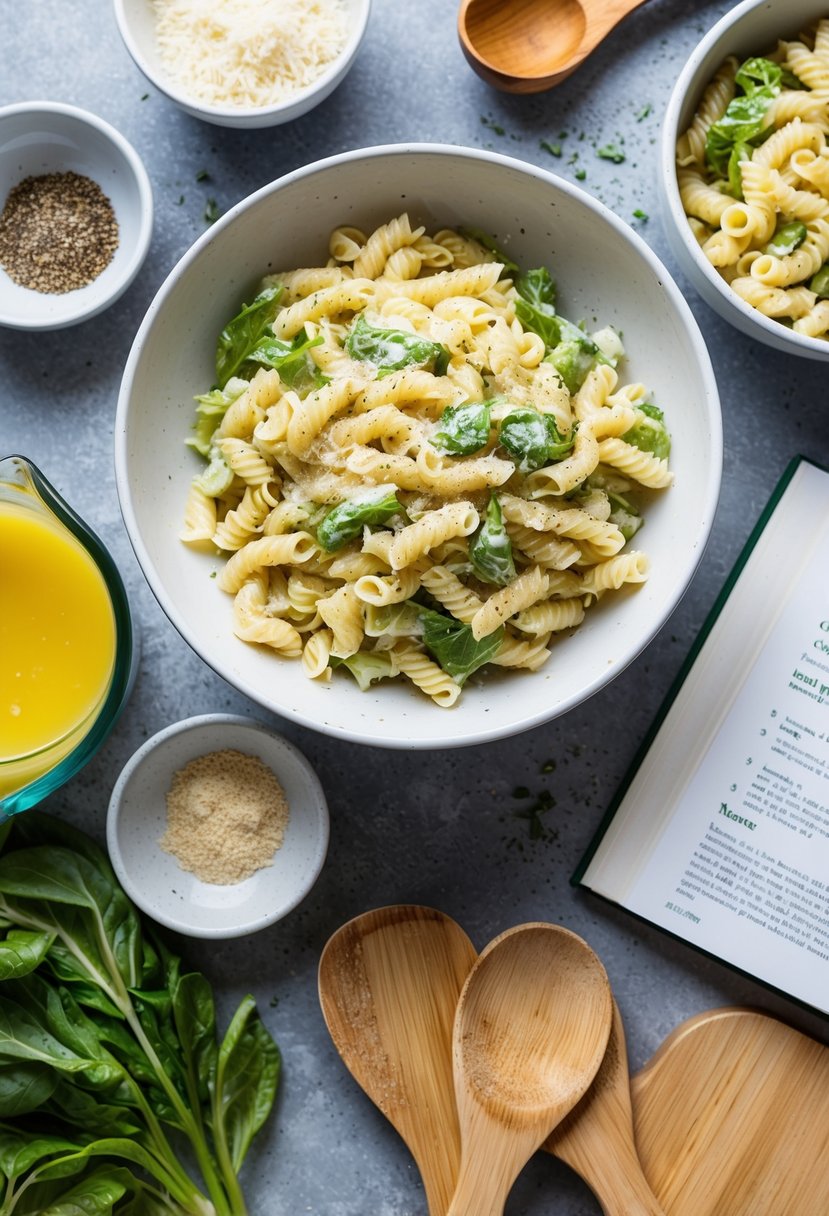 20 Pasta Recipes That Will Make Your Taste Buds Dance with Joy 57 A bowl of Caesar salad pasta surrounded by ingredients and a recipe book