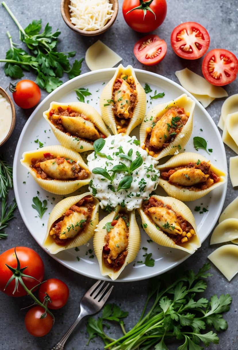 20 Pasta Recipes That Will Make Your Taste Buds Dance with Joy 60 A plate of stuffed shells surrounded by ingredients like pasta, cheese, tomatoes, and herbs