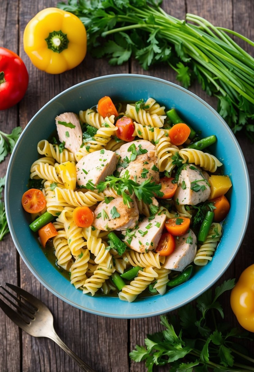20 Pasta Recipes That Will Make Your Taste Buds Dance with Joy 61 A steaming bowl of chicken pasta primavera surrounded by colorful vegetables and herbs on a rustic wooden table