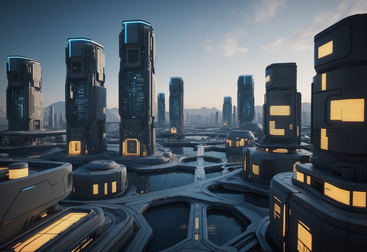 Uma paisagem urbana futurista com edifícios interconectados e componentes de IA brilhantes integrados à arquitetura