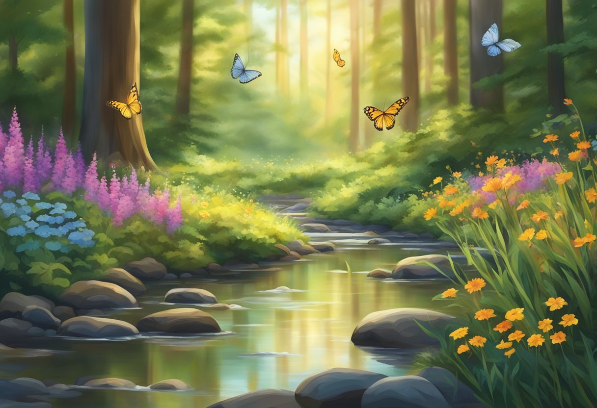 A serene forest clearing with dappled sunlight filtering through the trees onto a small stream, surrounded by vibrant wildflowers and fluttering butterflies