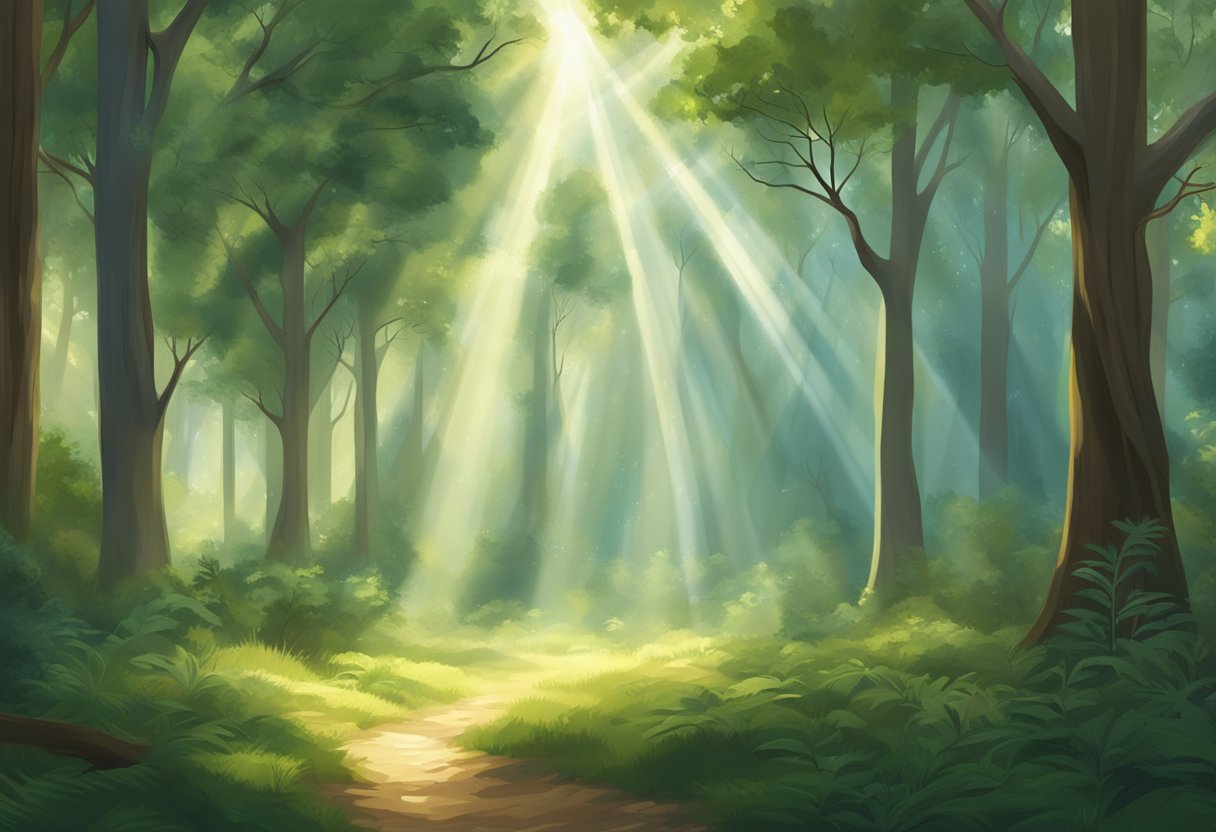 A serene forest clearing with rays of sunlight filtering through the trees, creating a peaceful and sacred atmosphere