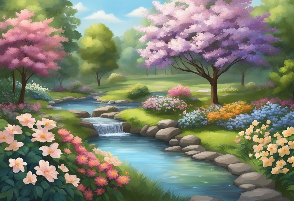 A serene garden with blooming flowers and a peaceful stream, surrounded by tall trees and birds singing