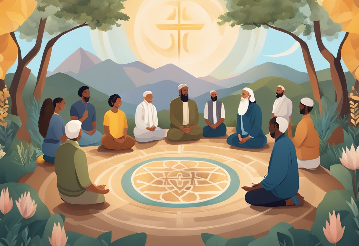 A group of diverse individuals gathered in prayer and meditation in a serene natural setting, surrounded by symbols of different faiths