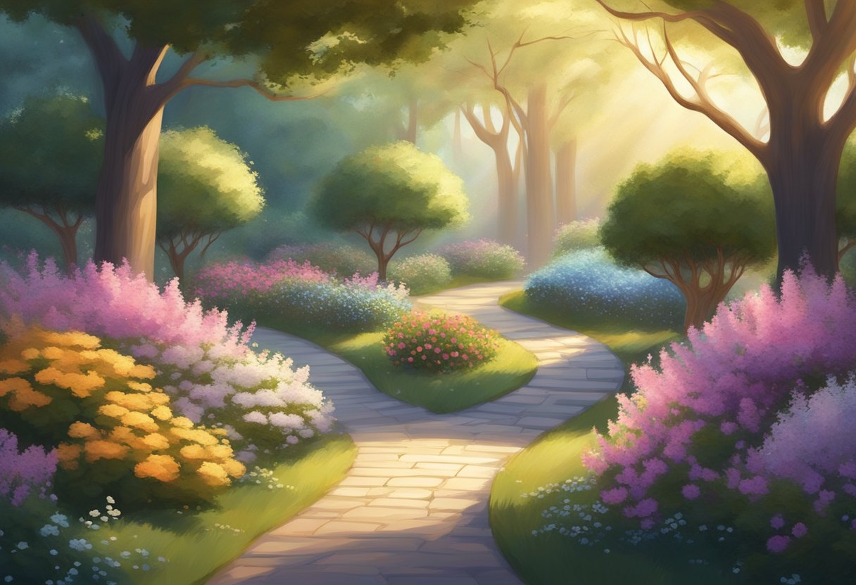 A serene garden with a winding path leading to a glowing, ethereal light at the end, surrounded by blooming flowers and tall, majestic trees