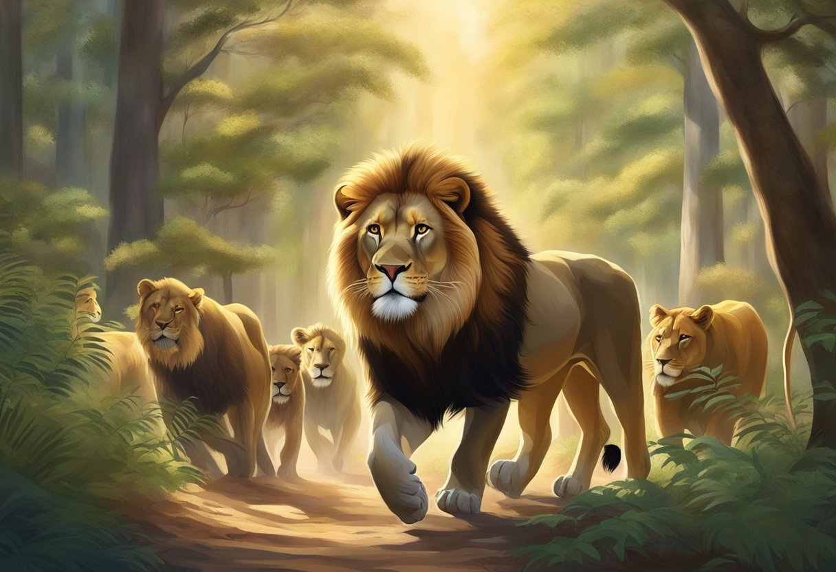 A majestic lion leading a group of animals through a serene, sunlit forest