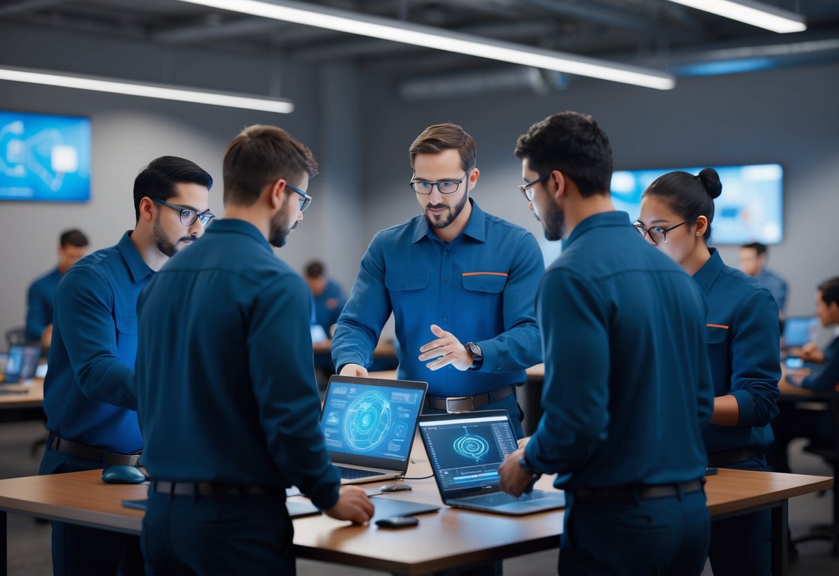 Um grupo de trabalhadores participando de uma sessão de treinamento sobre inteligência artificial, com foco em aprimoramento de habilidades e educação no local de trabalho.