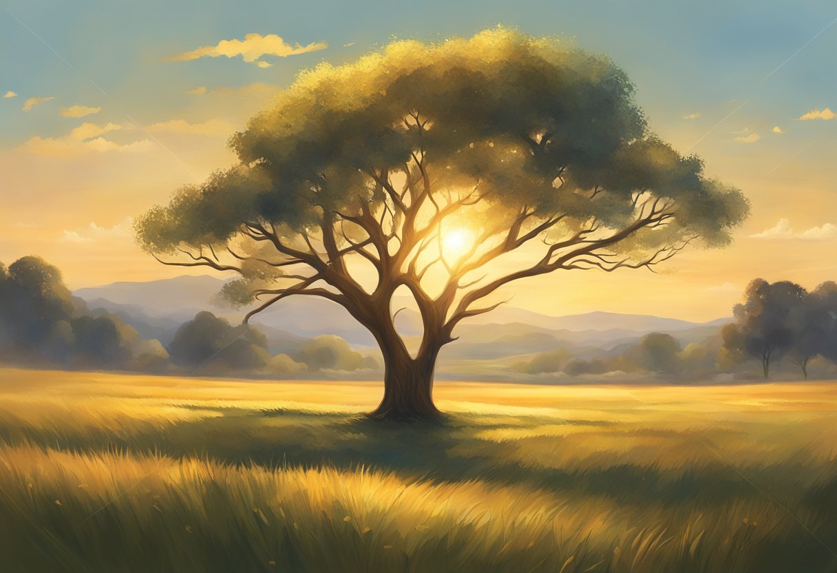 A lone tree stands tall in a serene meadow, bathed in golden sunlight. Its branches reach toward the sky, symbolizing personal reflection and growth