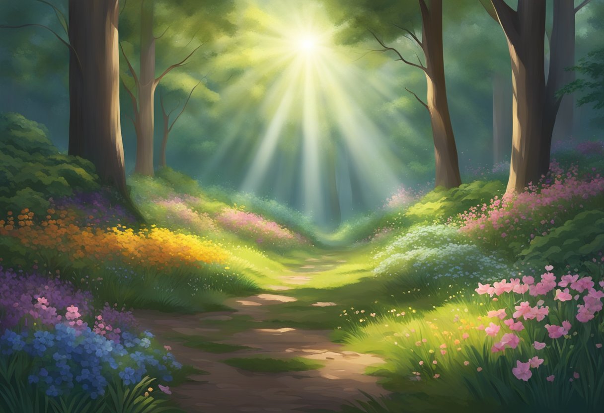 A serene forest clearing with a beam of light shining down onto a small, vibrant garden of blooming flowers and lush greenery