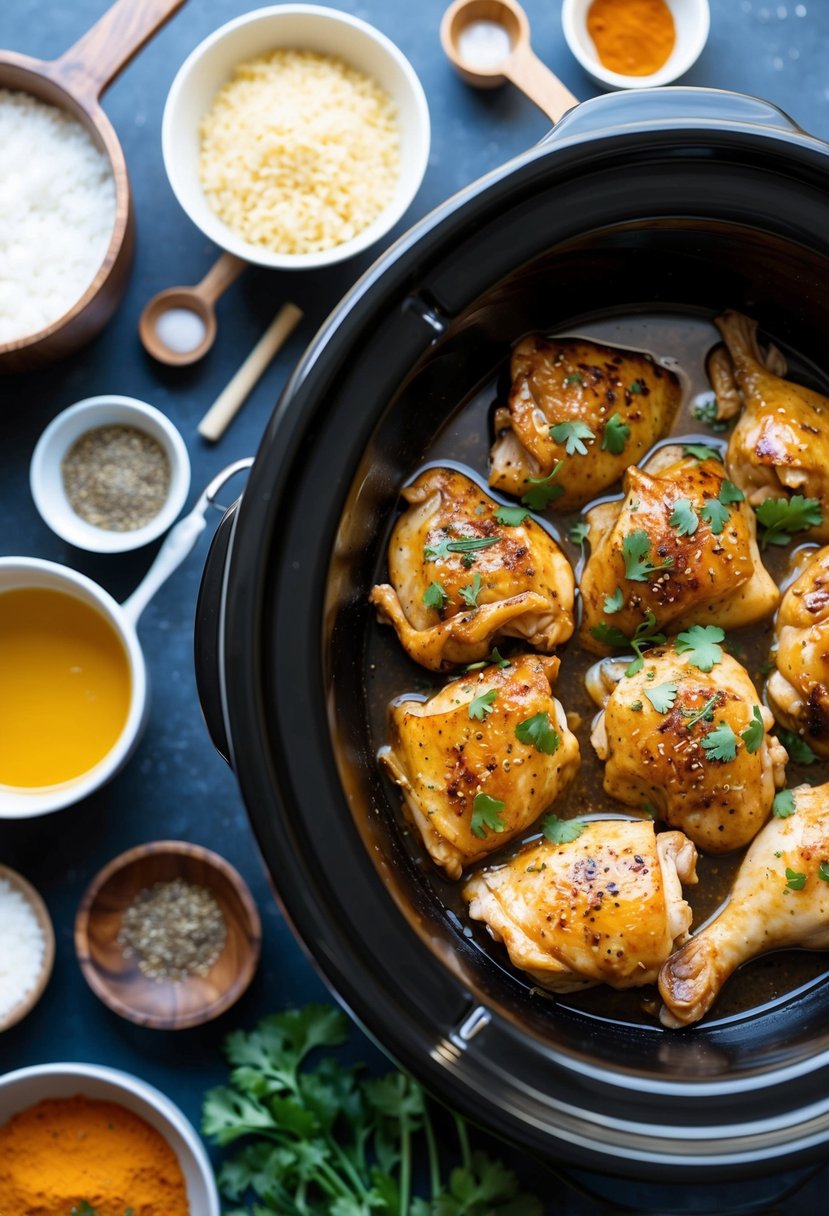 25 Crockpot Chicken Recipes that Will Transform Your Weeknight Dinners 52 A crockpot filled with honey garlic chicken surrounded by various ingredients and spices
