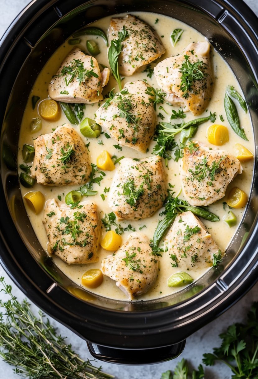25 Crockpot Chicken Recipes that Will Transform Your Weeknight Dinners 53 A crockpot filled with creamy Tuscan chicken surrounded by fresh herbs and vegetables