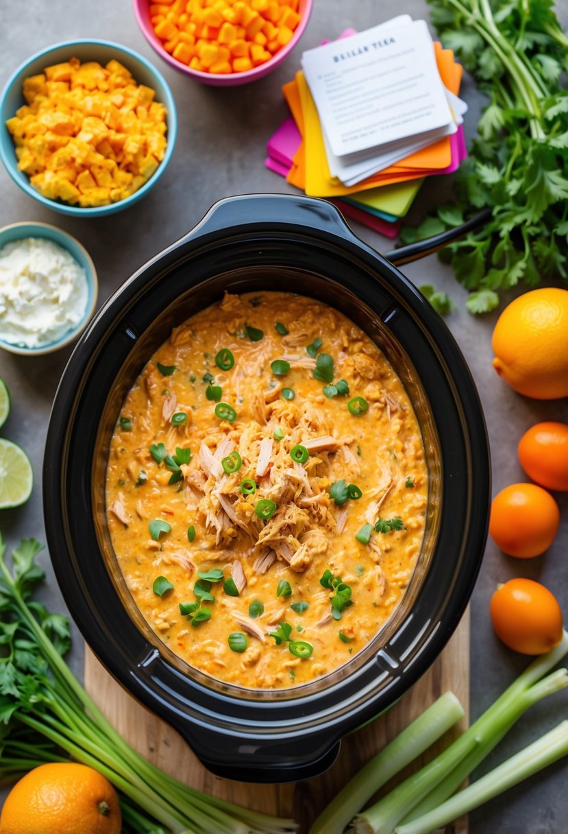 25 Crockpot Chicken Recipes that Will Transform Your Weeknight Dinners 54 A bubbling crockpot filled with creamy buffalo chicken dip, surrounded by colorful ingredients and a stack of recipe cards