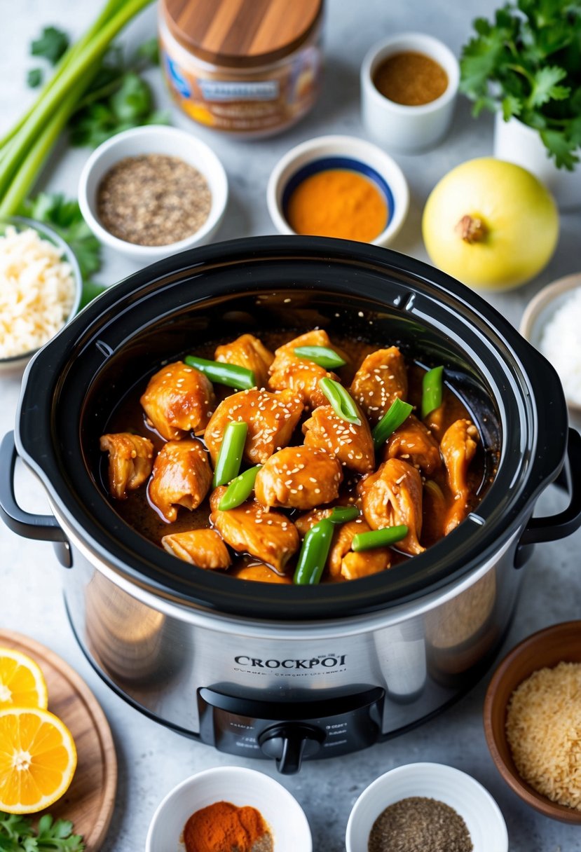 25 Crockpot Chicken Recipes that Will Transform Your Weeknight Dinners 55 A crockpot filled with teriyaki chicken surrounded by various ingredients and spices on a kitchen counter