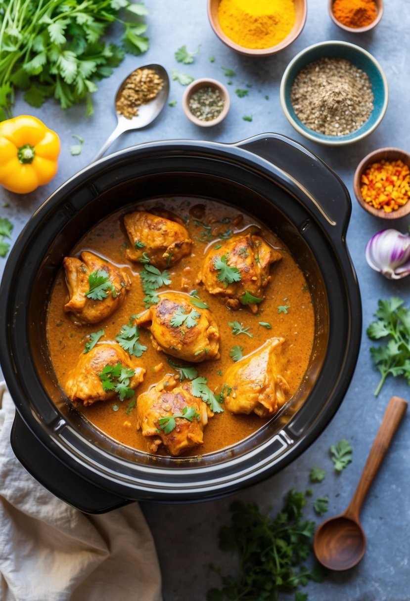 25 Crockpot Chicken Recipes that Will Transform Your Weeknight Dinners 56 A crockpot filled with simmering Chicken Tikka Masala surrounded by colorful spices and herbs