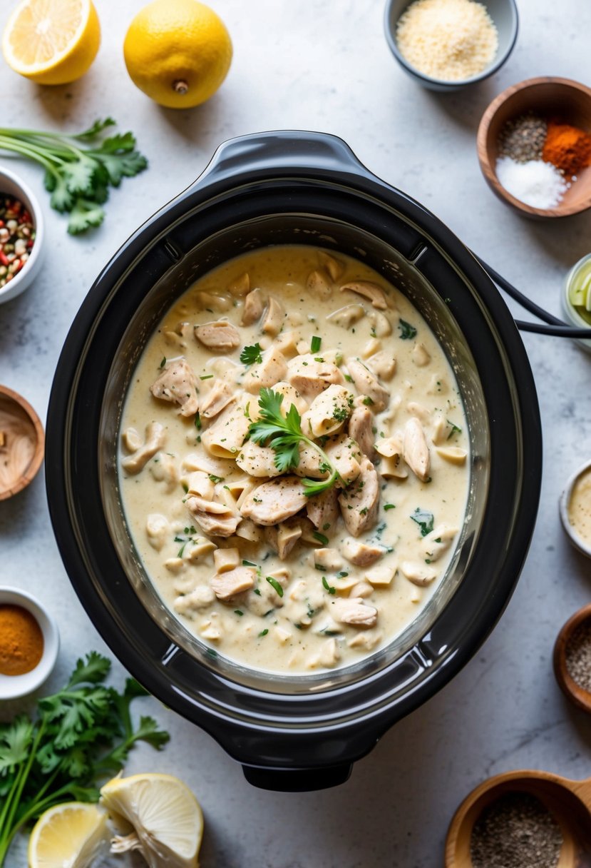 25 Crockpot Chicken Recipes that Will Transform Your Weeknight Dinners 57 A crockpot simmering with creamy Chicken Alfredo, surrounded by various ingredients and spices