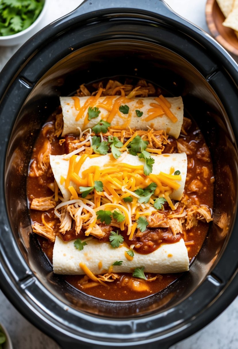 25 Crockpot Chicken Recipes that Will Transform Your Weeknight Dinners 58 A bubbling crockpot filled with layers of tortillas, shredded chicken, cheese, and enchilada sauce. A tantalizing aroma fills the kitchen