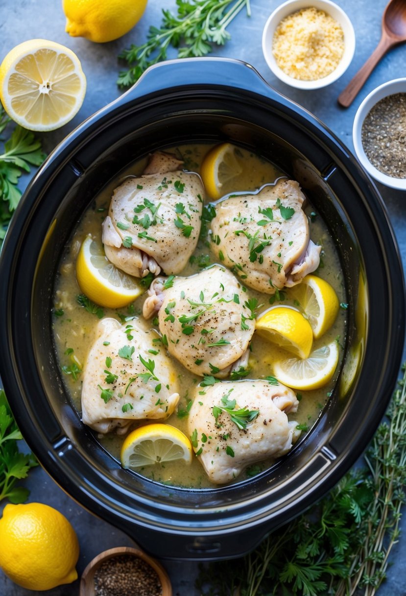 25 Crockpot Chicken Recipes that Will Transform Your Weeknight Dinners 59 A crockpot simmering with lemon garlic chicken, surrounded by fresh herbs and spices