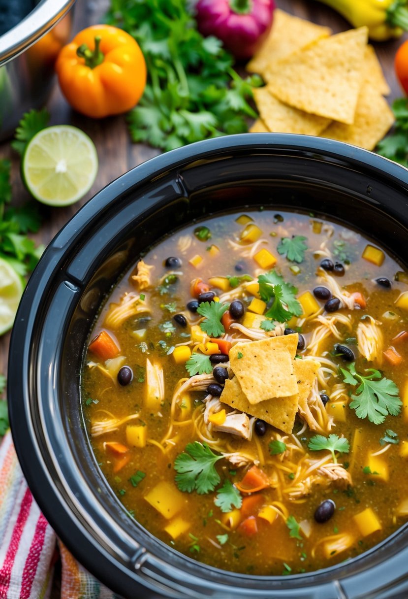 25 Crockpot Chicken Recipes that Will Transform Your Weeknight Dinners 60 A steaming bowl of chicken tortilla soup surrounded by colorful ingredients in a crockpot