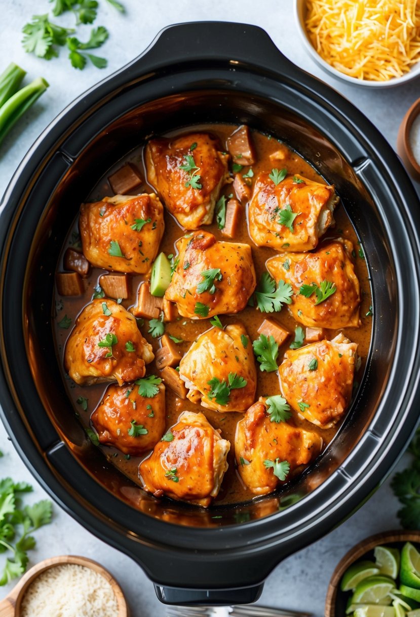 25 Crockpot Chicken Recipes that Will Transform Your Weeknight Dinners 61 A crockpot filled with BBQ ranch chicken cooking with various ingredients scattered around
