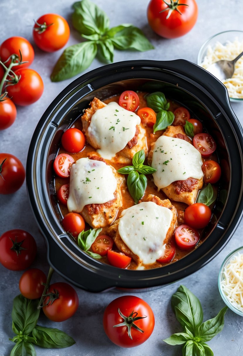 25 Crockpot Chicken Recipes that Will Transform Your Weeknight Dinners 62 A crockpot filled with chicken parmesan surrounded by fresh tomatoes, basil, and melted cheese