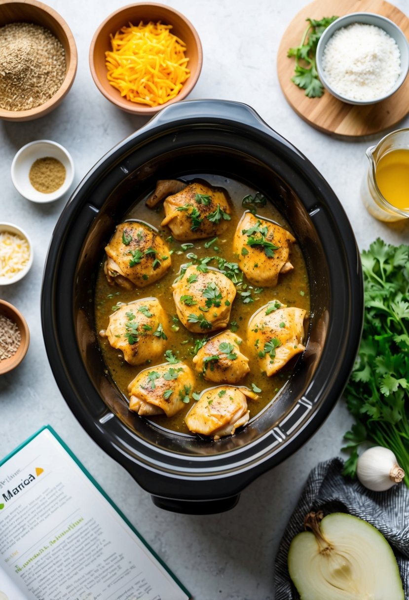 25 Crockpot Chicken Recipes that Will Transform Your Weeknight Dinners 63 A crockpot filled with Chicken Marsala surrounded by ingredients and a recipe book