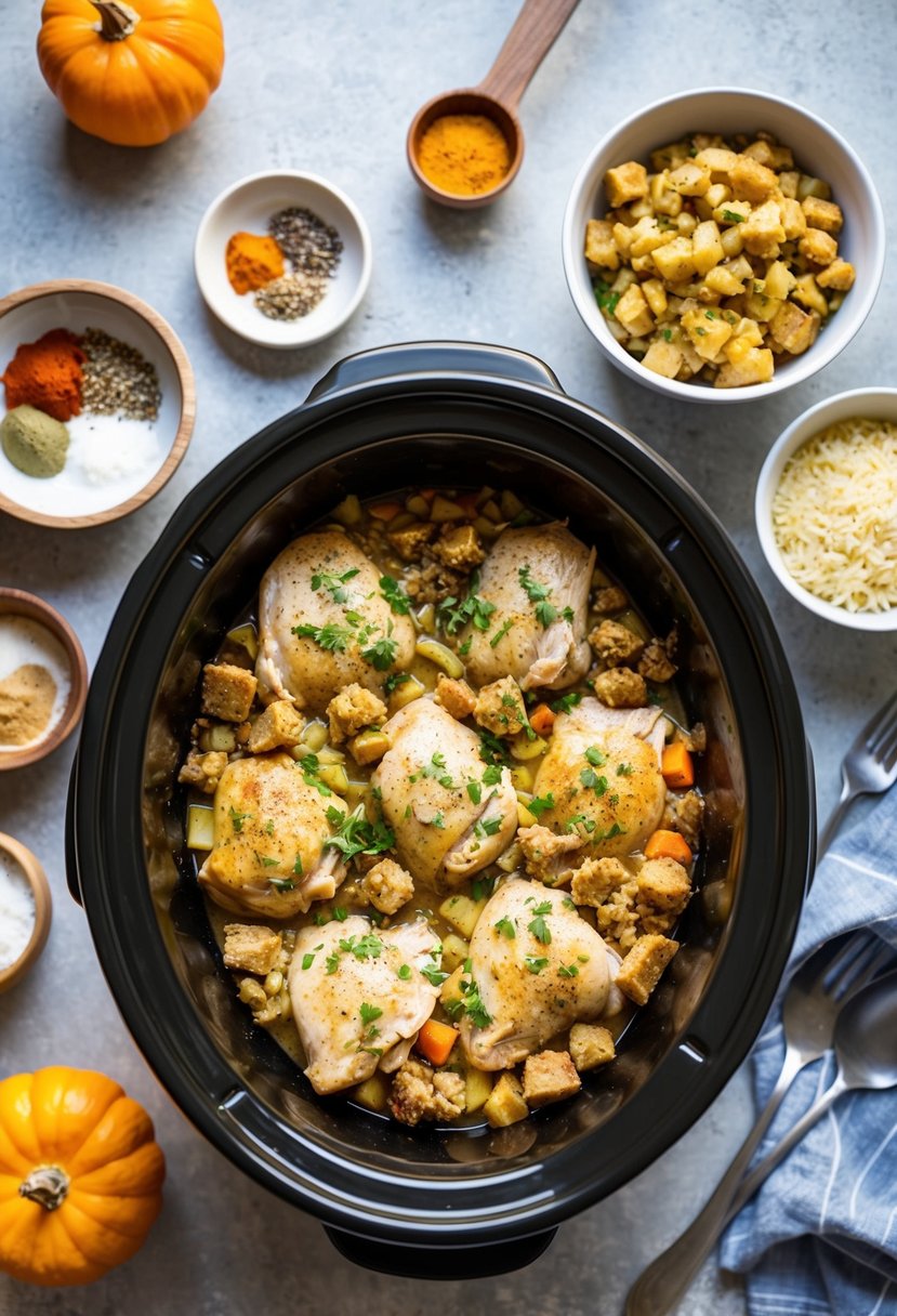 25 Crockpot Chicken Recipes that Will Transform Your Weeknight Dinners 64 A crockpot filled with chicken and stuffing surrounded by various ingredients and spices on a kitchen counter