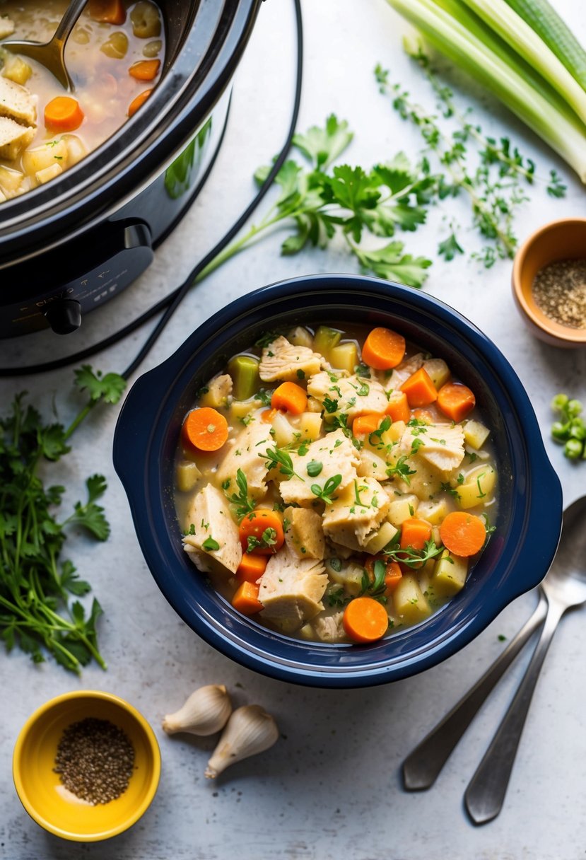 25 Crockpot Chicken Recipes that Will Transform Your Weeknight Dinners 65 A bubbling crockpot filled with savory chicken pot pie filling, surrounded by fresh vegetables and herbs
