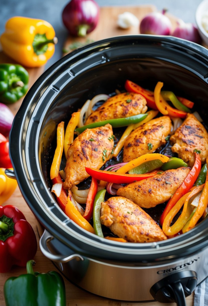 25 Crockpot Chicken Recipes that Will Transform Your Weeknight Dinners 66 A crockpot filled with sizzling chicken fajitas, surrounded by colorful peppers and onions, with a tantalizing aroma wafting through the kitchen