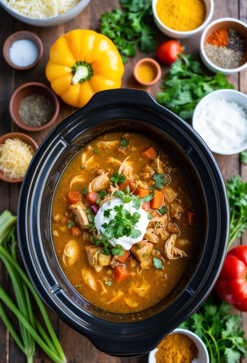 25 Crockpot Chicken Recipes that Will Transform Your Weeknight Dinners 67 A crockpot filled with bubbling chicken chili, surrounded by colorful ingredients and spices
