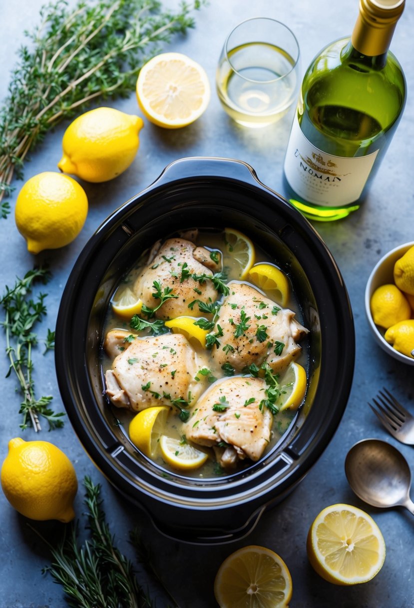 25 Crockpot Chicken Recipes that Will Transform Your Weeknight Dinners 69 A crockpot simmering with Chicken Francese, surrounded by fresh lemons, herbs, and a bottle of white wine