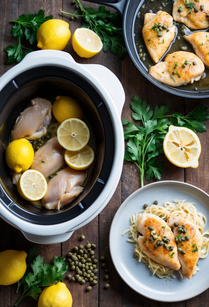25 Crockpot Chicken Recipes that Will Transform Your Weeknight Dinners 71 A crockpot surrounded by fresh lemons, capers, and raw chicken breasts, with a skillet and a plate of cooked chicken piccata nearby