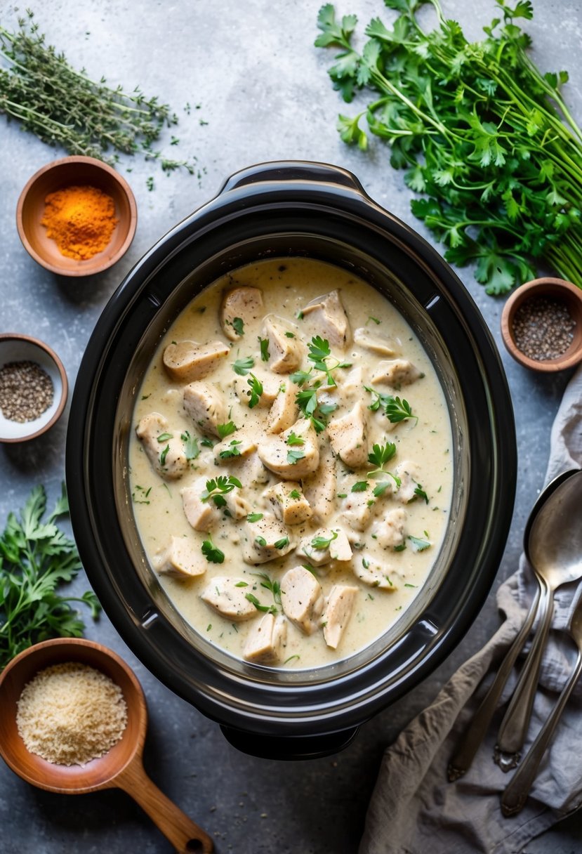 25 Crockpot Chicken Recipes that Will Transform Your Weeknight Dinners 72 A crockpot simmering with creamy chicken stroganoff, surrounded by fresh herbs and spices on a rustic kitchen counter