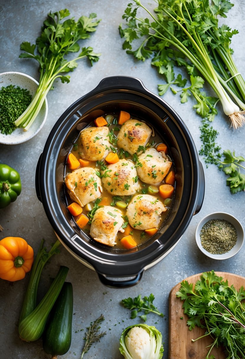 25 Crockpot Chicken Recipes that Will Transform Your Weeknight Dinners 73 A crockpot filled with savory Chicken Cobbler, surrounded by fresh vegetables and herbs on a rustic kitchen counter