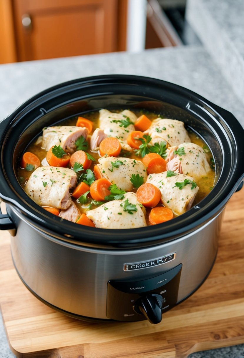 25 Crockpot Chicken Recipes that Will Transform Your Weeknight Dinners 74 A crockpot filled with Chicken Cordon Bleu ingredients simmering on a kitchen counter