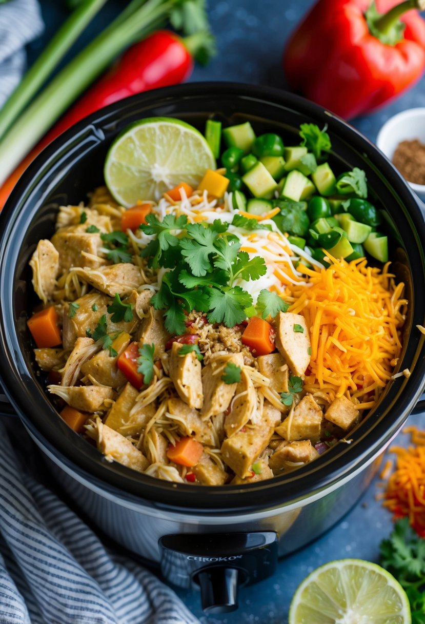 25 Crockpot Chicken Recipes that Will Transform Your Weeknight Dinners 75 A crockpot filled with chicken burrito bowl ingredients, surrounded by colorful vegetables and spices