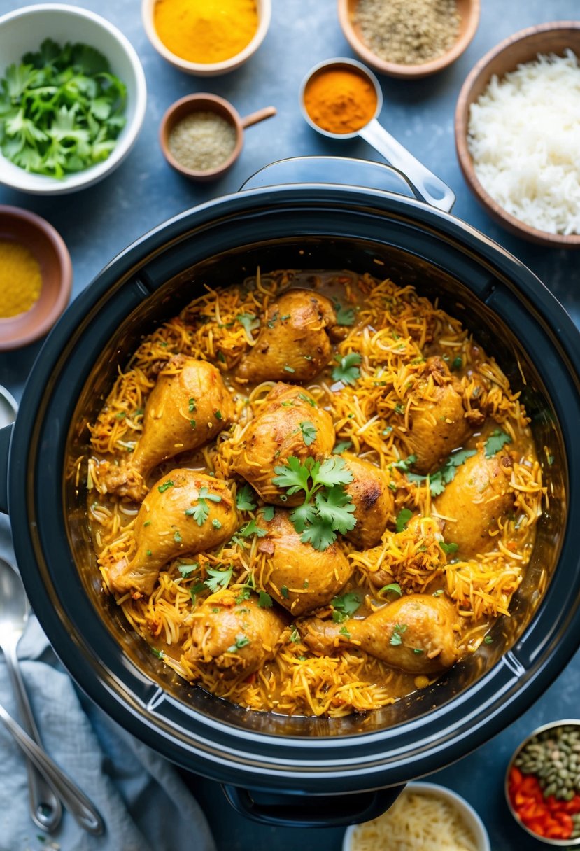 25 Crockpot Chicken Recipes that Will Transform Your Weeknight Dinners 76 A crockpot filled with aromatic Chicken Biryani, surrounded by various cooking ingredients and spices