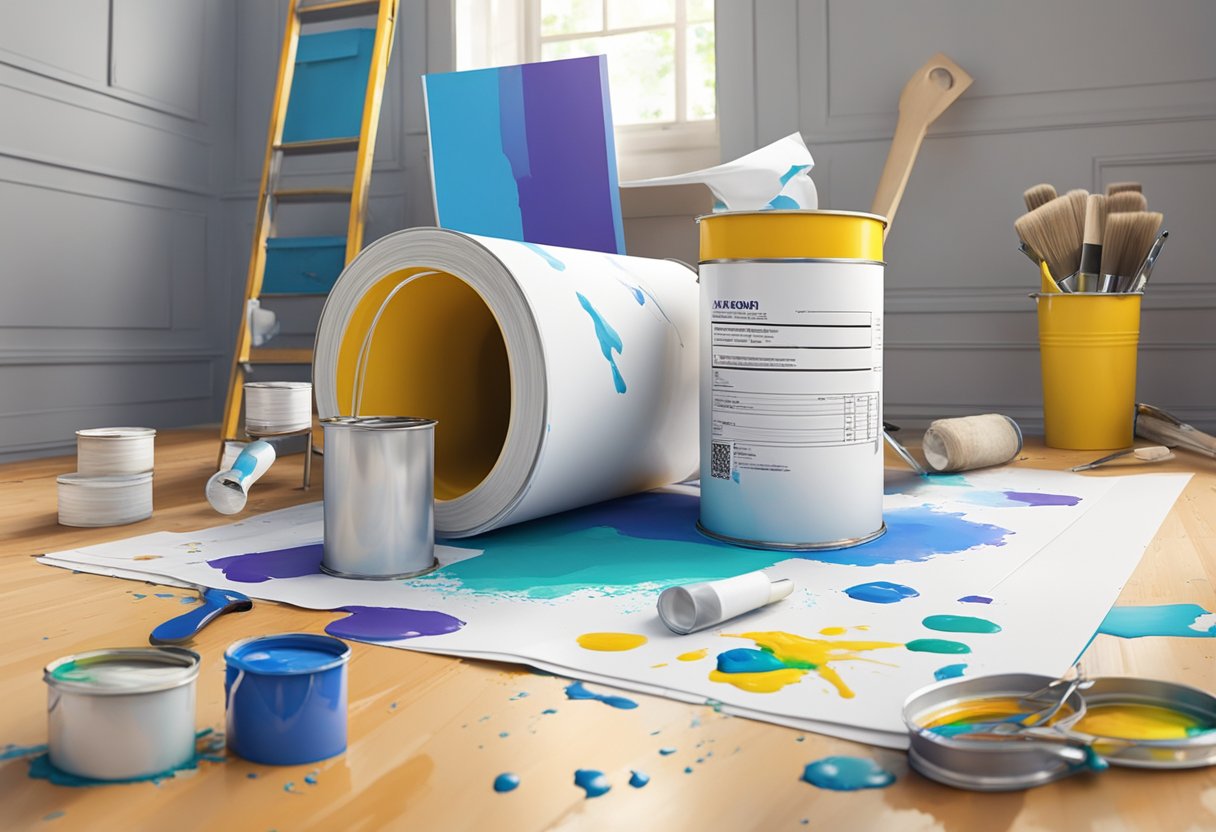 A paint-splattered invoice lies on a drop cloth, surrounded by paint cans, brushes, and a ladder in a freshly painted room