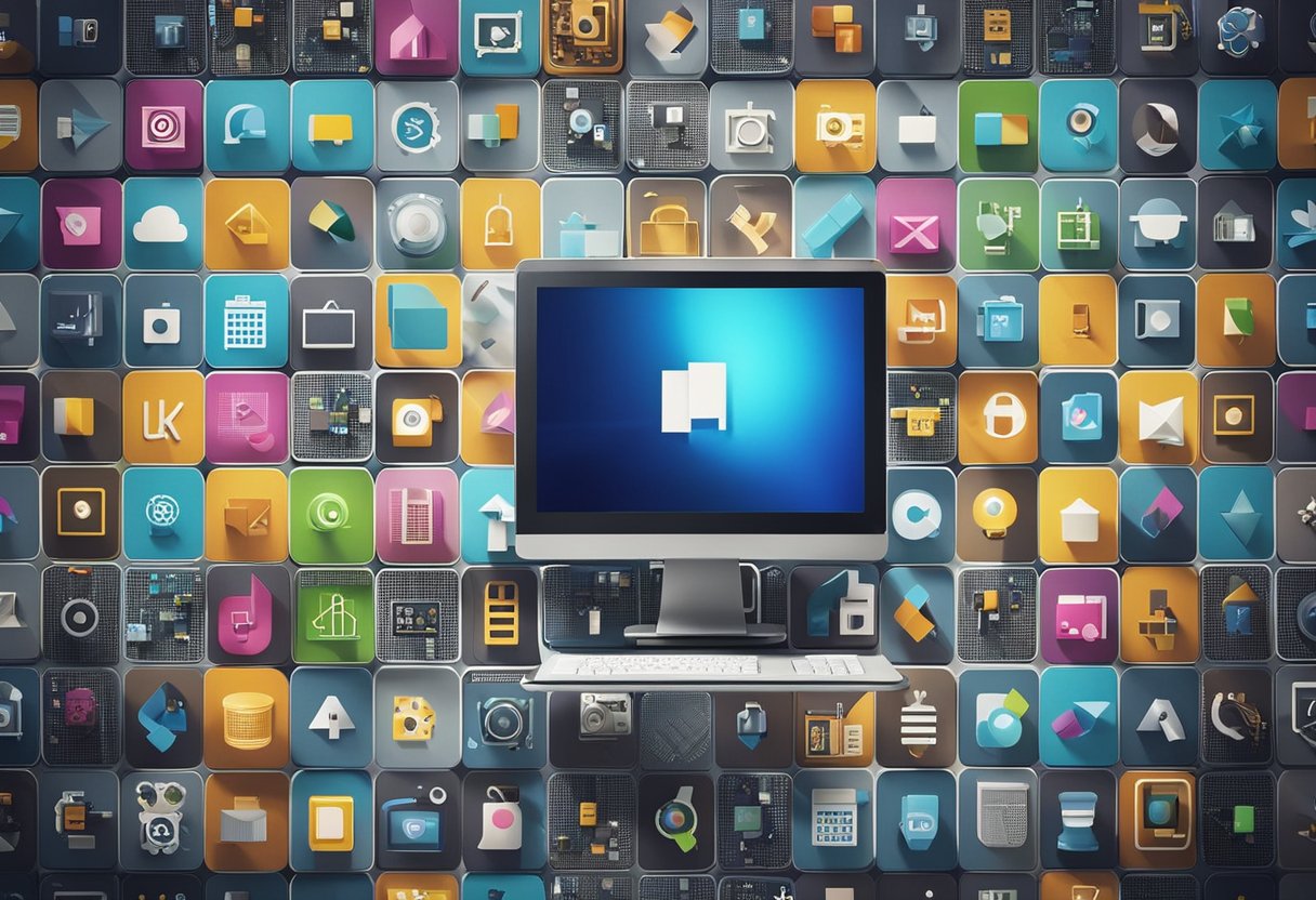 A computer screen surrounded by colorful icons, with a photo being enhanced and transformed by AI technology