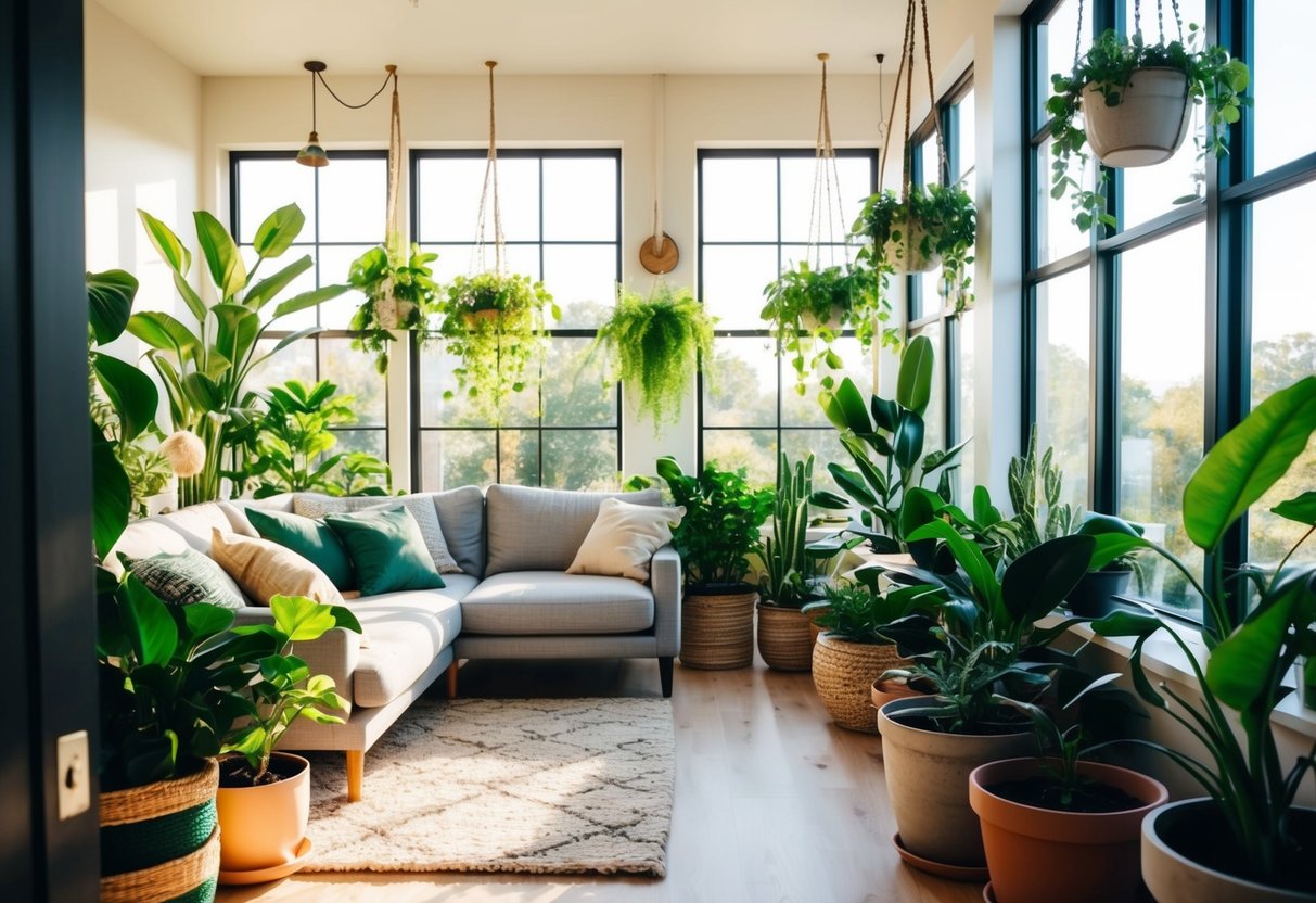 A sunlit room with large windows, filled with green plants in various pots and hanging baskets. Comfy seating and soft lighting create a cozy atmosphere