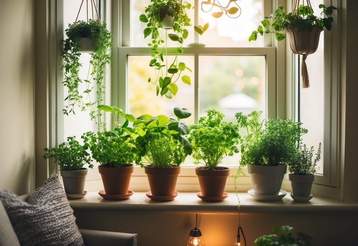 A sunlit window sill with potted herbs, leafy greens, and hanging plants. Cozy seating and warm lighting create a welcoming indoor garden space