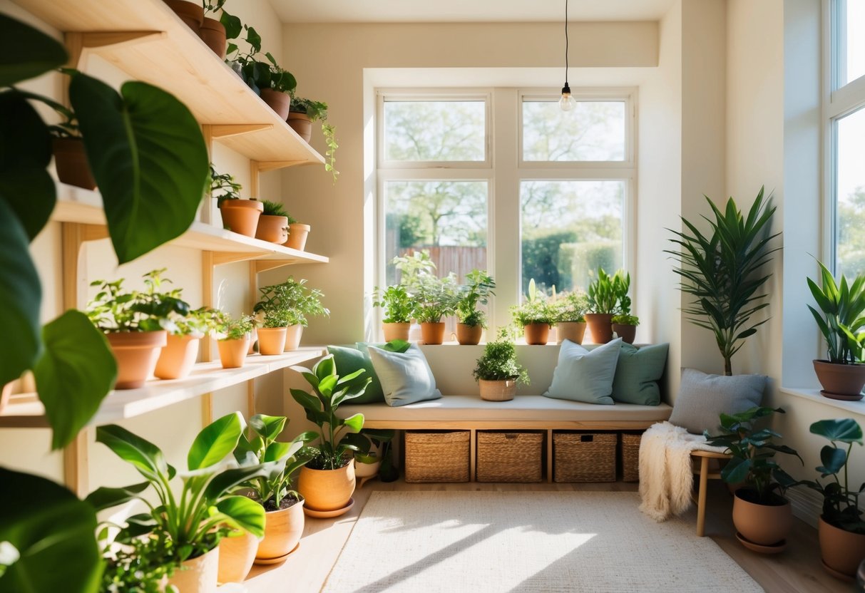 A sunlit room with shelves of potted plants, cozy seating, and soft lighting, creating a tranquil indoor garden space