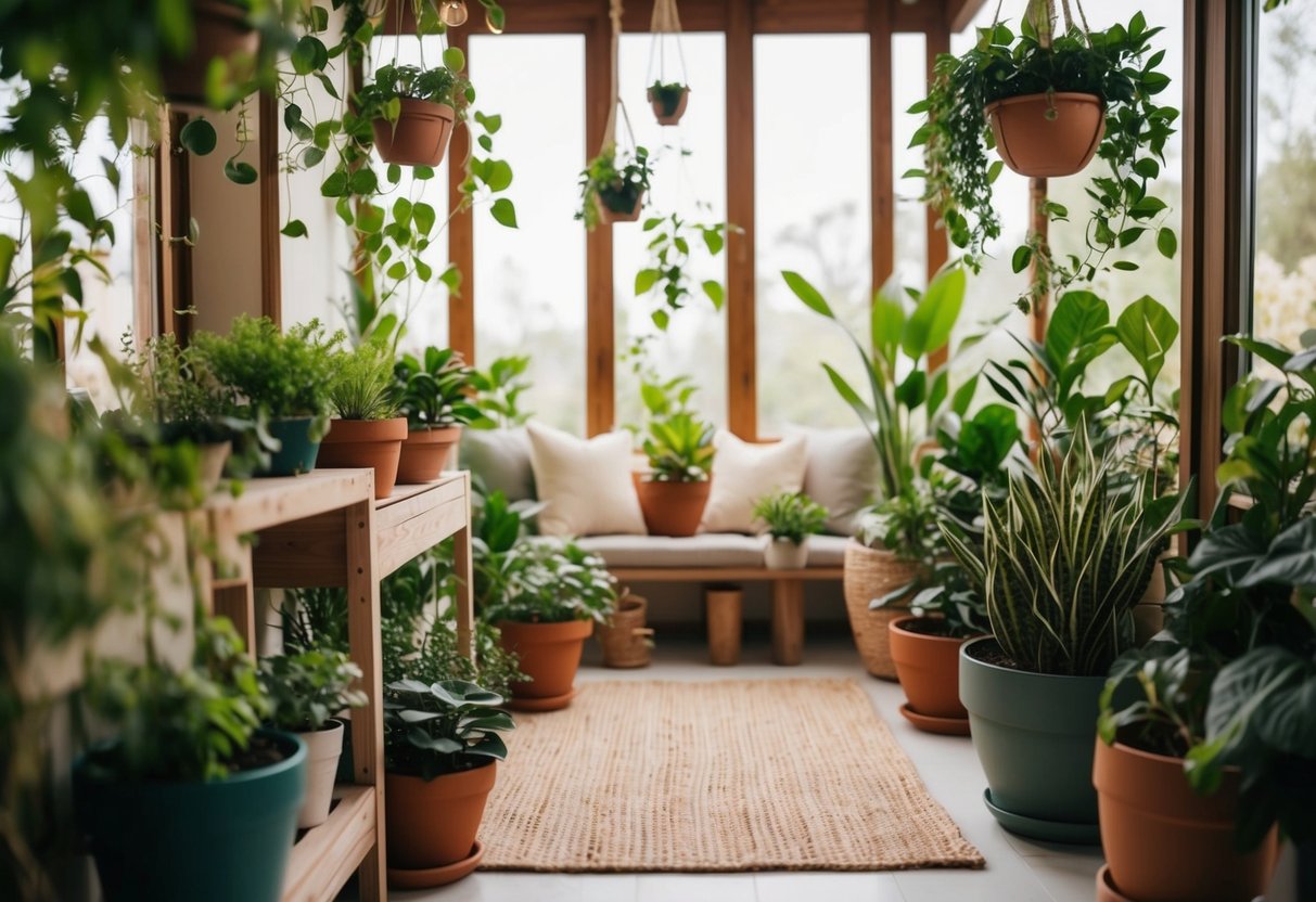 A cozy indoor garden with potted plants, hanging greenery, and soft lighting, creating a peaceful and rejuvenating space