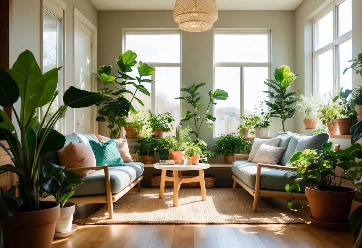 A sunlit room with potted plants, comfy seating, and soft lighting, creating a cozy indoor garden space