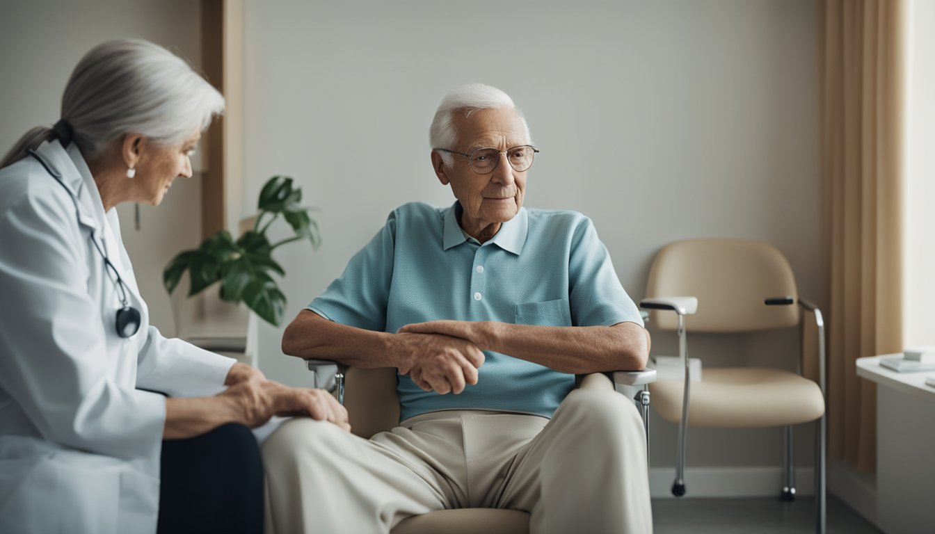 Uma pessoa idosa sentada em um consultório médico, sendo tratada com respeito e dignidade pela equipe médica.