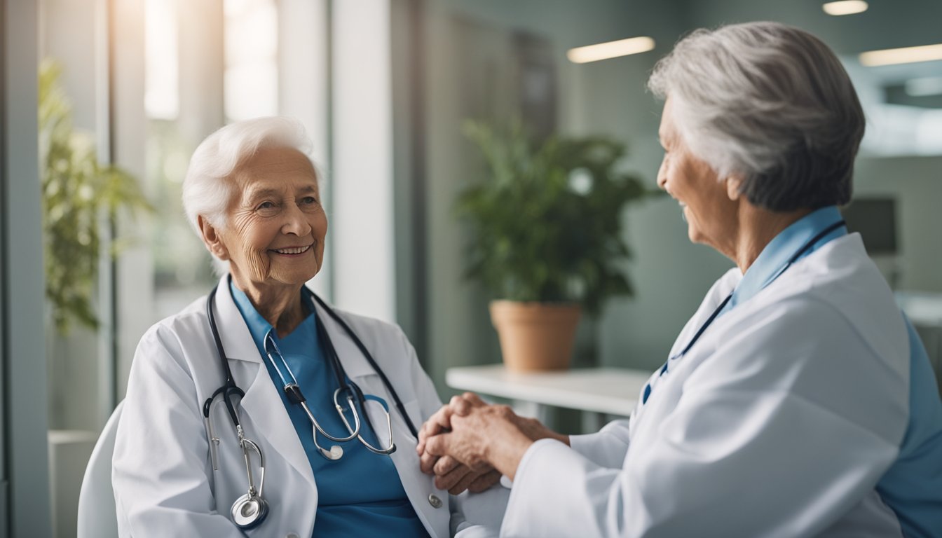 Uma pessoa idosa recebendo cuidados respeitosos e dignos em um ambiente de saúde, com prioridade dada às suas necessidades. em referencia aos direitos dos idosos no Brasil