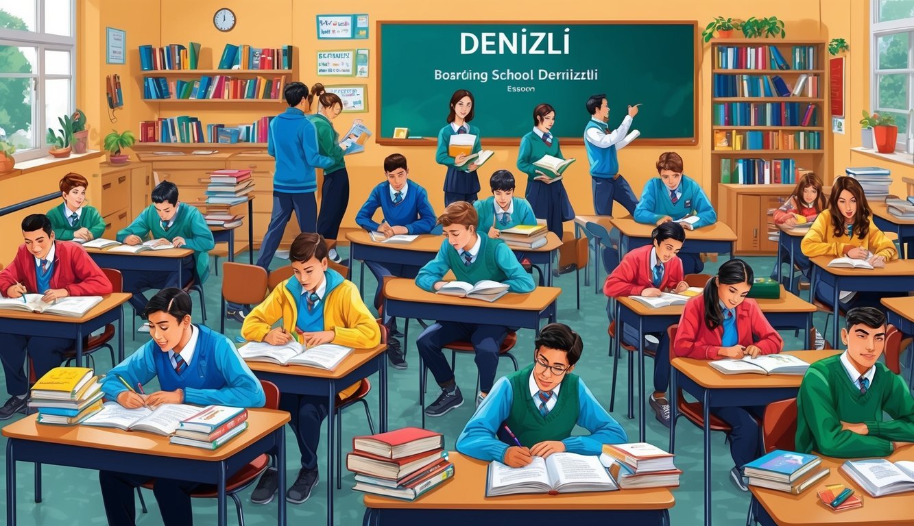 Denizli'deki bir yatılı okulda, öğrencilerin ders çalıştığı ve etkileşimde bulunduğu, kitaplar ve eğitim materyalleriyle çevrili yoğun bir sınıf.