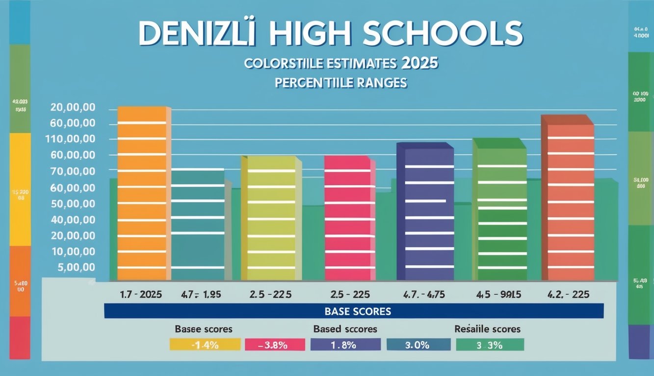 2025 yılında Denizli liseleri için yüzdelik dilim aralıklarına göre kategorize edilmiş temel puanlar ve tahminleri gösteren renkli bir grafik