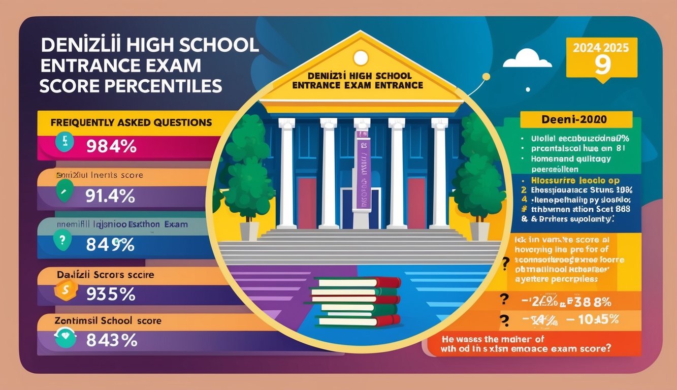 2024-2025 Denizli lise giriş sınavı puan yüzdelik dilimlerini gösteren renkli bir infografik, belirgin bir "Sıkça Sorulan Sorular" bölümü ile birlikte